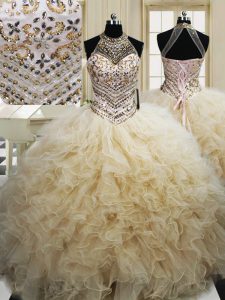 Sexy Champagne Halter Top Neckline Beading and Ruffles Sweet 16 Quinceanera Dress Sleeveless Lace Up