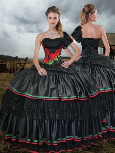 Super Black Taffeta Lace Up One Shoulder Sleeveless With Train Quinceanera Gowns Sweep Train Embroidery