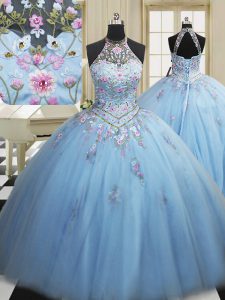 Fashionable Ball Gowns Quince Ball Gowns Light Blue High-neck Tulle Sleeveless Floor Length Lace Up
