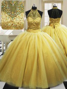 With Train Yellow Sweet 16 Quinceanera Dress High-neck Sleeveless Sweep Train Lace Up