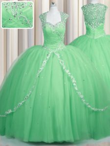 Zipper Apple Green Cap Sleeves Brush Train Beading and Appliques Sweet 16 Dresses