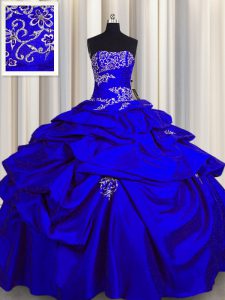 Inexpensive Royal Blue Ball Gowns Appliques and Pick Ups Quinceanera Dresses Lace Up Taffeta Sleeveless Floor Length