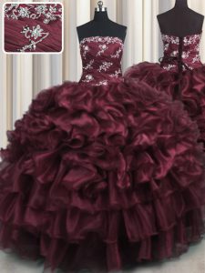 Charming Wine Red Lace Up Strapless Appliques and Ruffles and Ruffled Layers 15th Birthday Dress Organza Sleeveless