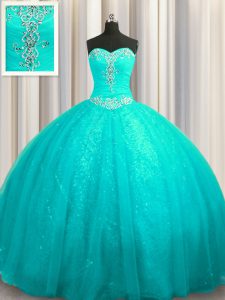 Fantastic Aqua Blue Ball Gowns Organza and Sequined Sweetheart Sleeveless Beading and Appliques Lace Up Quince Ball Gown