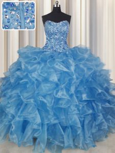 Visible Boning Sleeveless Beading and Ruffles Lace Up Vestidos de Quinceanera