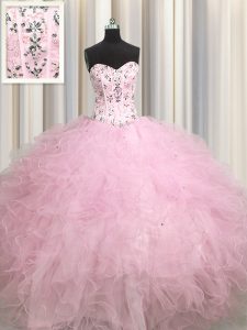 Custom Design Visible Boning Baby Pink Lace Up Sweetheart Beading and Appliques and Ruffles Quince Ball Gowns Tulle Slee