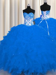 Floor Length Royal Blue Quinceanera Dress Organza Sleeveless Appliques and Ruffles