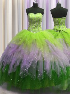 Visible Boning Tulle Sleeveless Floor Length 15 Quinceanera Dress and Beading and Ruffles and Sequins