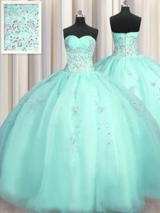 Edgy Really Puffy Turquoise Ball Gowns Beading and Appliques 15th Birthday Dress Zipper Organza Sleeveless Floor Length