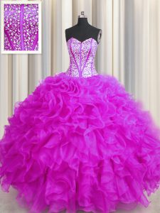 High End Visible Boning Beaded Bodice Sweetheart Sleeveless Lace Up Quinceanera Gowns Fuchsia Organza