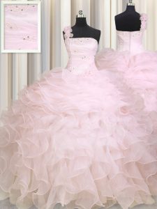 Top Selling One Shoulder Sleeveless Zipper Floor Length Beading and Ruffles Quinceanera Gown