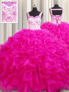 Super Ball Gowns Vestidos de Quinceanera Fuchsia Straps Organza Sleeveless Floor Length Lace Up
