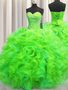 Lovely Sleeveless Organza Floor Length Lace Up Quince Ball Gowns in Green with Beading and Ruffles