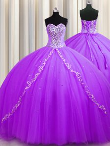 Fantastic Sweetheart Sleeveless Sweep Train Lace Up Sweet 16 Dress Purple Tulle