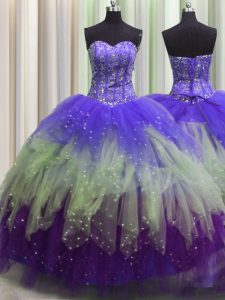 Admirable Visible Boning Sleeveless Floor Length Beading and Ruffles and Sequins Lace Up 15th Birthday Dress with Multi-