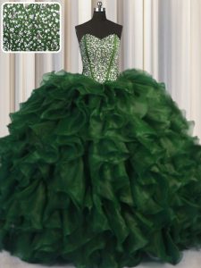 Glamorous Visible Boning Bling-bling With Train Green Quince Ball Gowns Organza Brush Train Sleeveless Beading