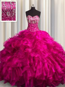 Fuchsia Organza Lace Up Ball Gown Prom Dress Sleeveless Brush Train Beading and Ruffles