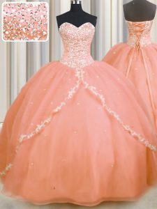 Peach Ball Gowns Sweetheart Sleeveless Organza With Brush Train Lace Up Beading and Appliques 15th Birthday Dress