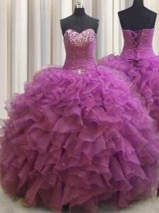 Beaded Bust Floor Length Fuchsia Quinceanera Gowns Sweetheart Sleeveless Lace Up