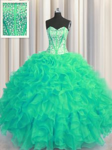 Lovely Visible Boning Beaded Bodice Floor Length Turquoise Quinceanera Dresses Sweetheart Sleeveless Lace Up