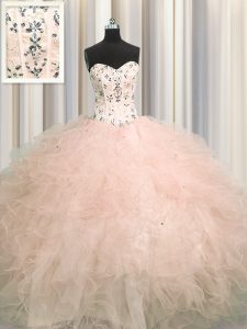 Clearance Visible Boning Pink Sweetheart Lace Up Beading and Appliques and Ruffles Ball Gown Prom Dress Sleeveless