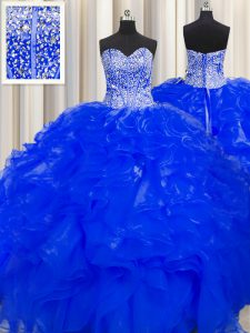 Fantastic Visible Boning Beaded Bodice Floor Length Royal Blue Quinceanera Gown Organza Sleeveless Beading and Ruffles