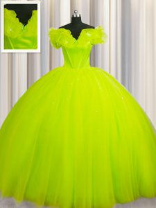 Custom Fit Off The Shoulder Short Sleeves With Train Ruching Lace Up Sweet 16 Quinceanera Dress with Yellow Green Court 