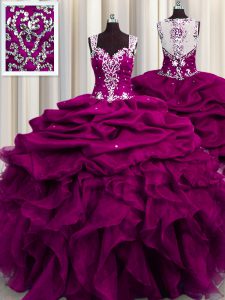 Colorful See Through Back Sleeveless Zipper Floor Length Beading and Ruffles and Sequins Quince Ball Gowns