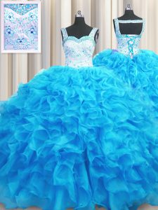 Aqua Blue Straps Neckline Beading and Ruffles Quince Ball Gowns Sleeveless Lace Up