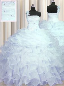 One Shoulder Sleeveless Organza Floor Length Zipper Sweet 16 Dresses in Light Blue with Beading and Ruffles