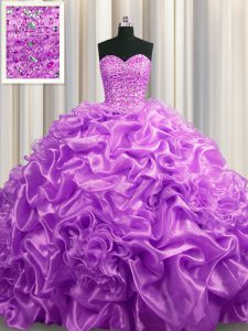 Lilac Sleeveless Court Train Beading and Pick Ups With Train Quinceanera Gowns