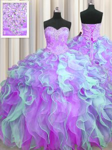 Sleeveless Organza Floor Length Lace Up Ball Gown Prom Dress in Multi-color with Beading and Appliques and Ruffles