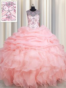 Scoop See Through Baby Pink Sleeveless Floor Length Beading and Ruffles and Pick Ups Lace Up 15th Birthday Dress