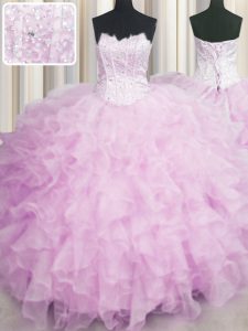 Visible Boning Scalloped Sleeveless Lace Up Ball Gown Prom Dress Pink Organza