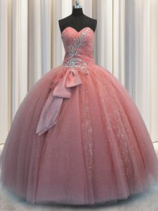 Watermelon Red Sweetheart Lace Up Beading and Sequins and Bowknot Quinceanera Gowns Sleeveless