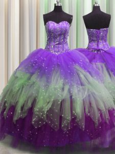 Visible Boning Sleeveless Beading and Ruffles and Sequins Lace Up Ball Gown Prom Dress