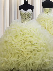Dynamic Brush Train Light Yellow Ball Gowns Fabric With Rolling Flowers Sweetheart Sleeveless Beading and Pick Ups Floor