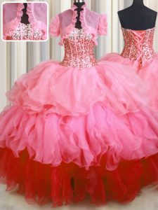 On Sale Visible Boning Bling-bling Sweetheart Sleeveless Organza Sweet 16 Quinceanera Dress Beading and Ruffled Layers L