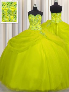 Sophisticated Really Puffy Yellow Green Sleeveless Floor Length Beading Lace Up Quinceanera Dresses