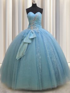 Flirting Baby Blue Ball Gowns Beading and Sequins and Bowknot 15th Birthday Dress Lace Up Tulle Sleeveless Floor Length