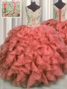 V Neck Beading and Ruffles Quinceanera Gowns Coral Red Lace Up Sleeveless High Low
