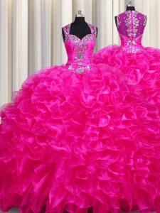 Zipper Up See Through Back Fuchsia Ball Gowns Organza Straps Sleeveless Beading and Ruffles With Train Zipper Quinceaner