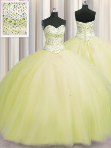 Excellent Bling-bling Puffy Skirt Ball Gowns Sweet 16 Dress Light Yellow Sweetheart Tulle Sleeveless Floor Length Lace U