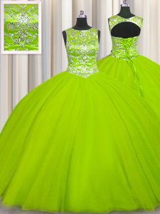 Dramatic Scoop Sleeveless Floor Length Beading Lace Up Quinceanera Dresses with Yellow Green
