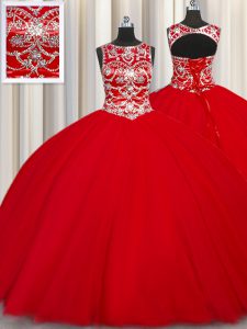Floor Length Red Quince Ball Gowns Scoop Sleeveless Lace Up