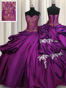 Flare Taffeta Sweetheart Sleeveless Lace Up Beading and Appliques 15 Quinceanera Dress in Purple