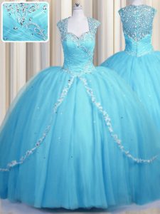Pretty See Through Baby Blue Tulle Zipper Sweetheart Cap Sleeves With Train Quinceanera Gown Brush Train Beading and App