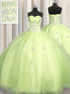 Big Puffy Sleeveless Organza Floor Length Zipper Quinceanera Dress in Yellow Green with Beading and Appliques