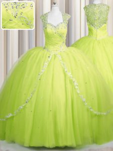 Traditional Zipper Up Cap Sleeves With Train Beading and Appliques Zipper Sweet 16 Dress with Yellow Green Brush Train