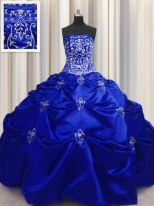 Taffeta Strapless Sleeveless Lace Up Beading and Appliques and Embroidery Sweet 16 Quinceanera Dress in Royal Blue